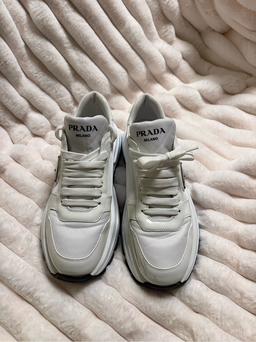 Prada White Leather & Nylon Women's Sneakers